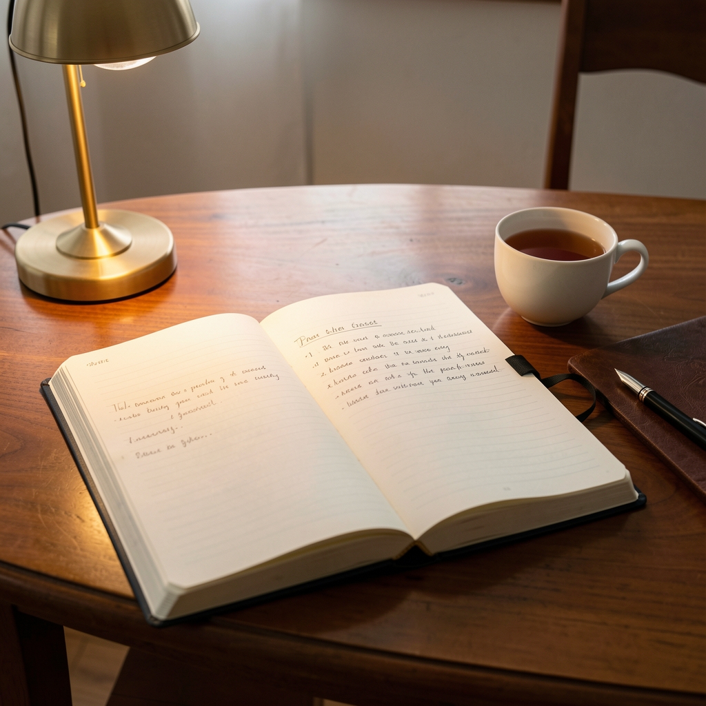 Open editorial notebook with handwritten notes on a polished wooden desk beside a small lamp and a cup of tea