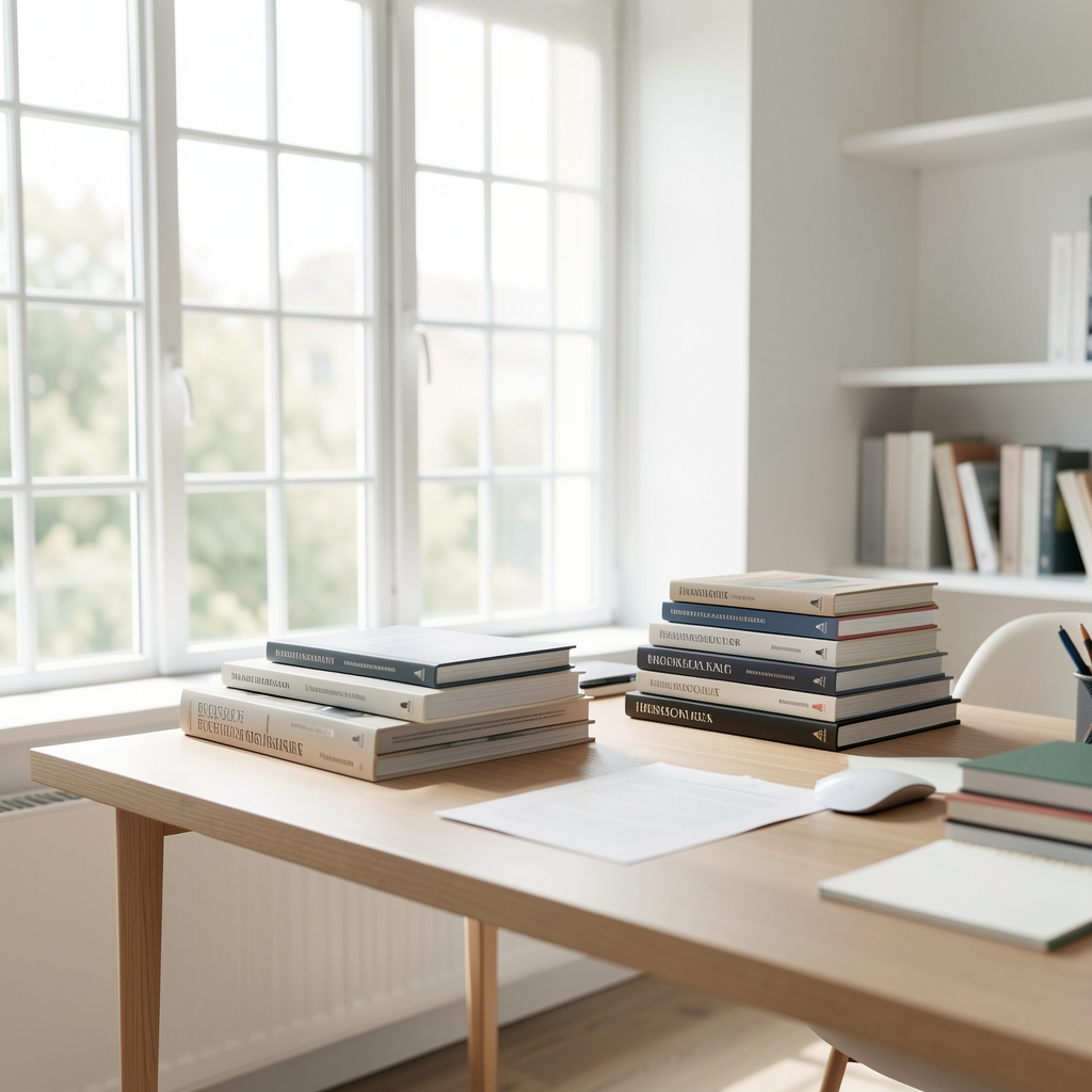 Bright airy editorial workspace with a large window, natural daylight, stacked research volumes and a minimal desk layout