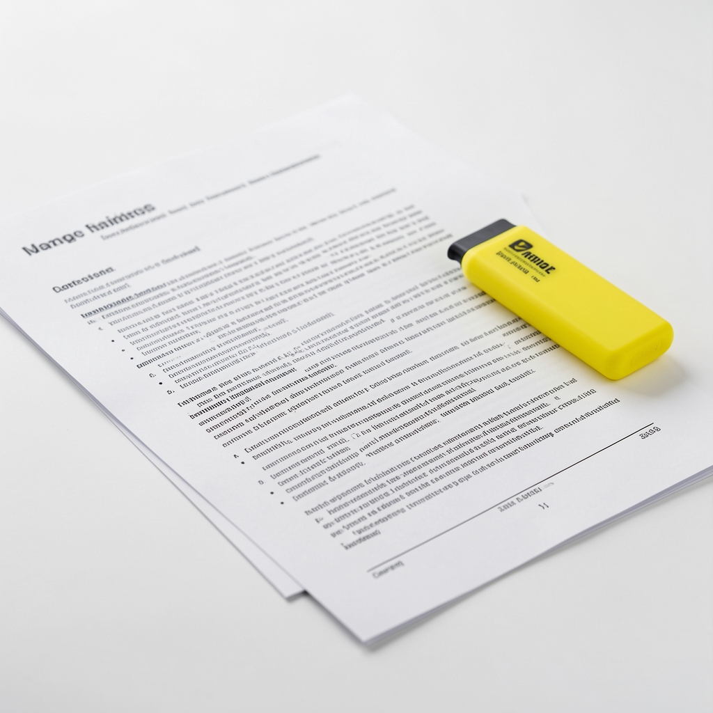 Close-up of printed research pages and a yellow highlighter on a white desk with clean studio lighting