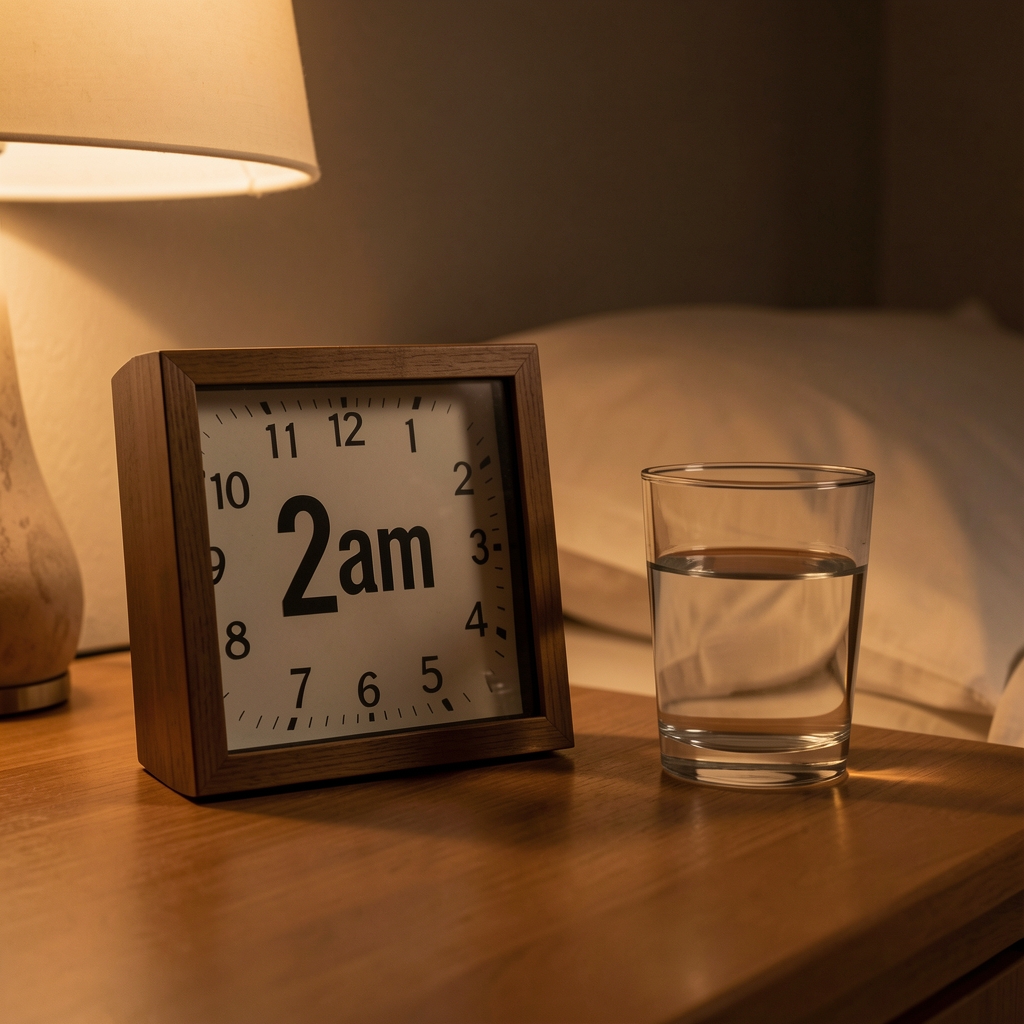 Close-up of a bedside clock reading 2am next to a glass of water on a wooden nightstand with dim amber lighting