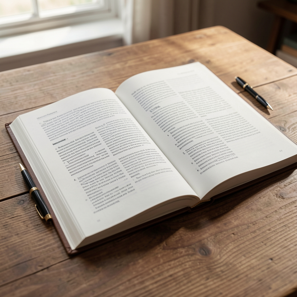 Open nutrition journal on a wooden desk with a pen beside it, warm natural light from a nearby window illuminating the pages