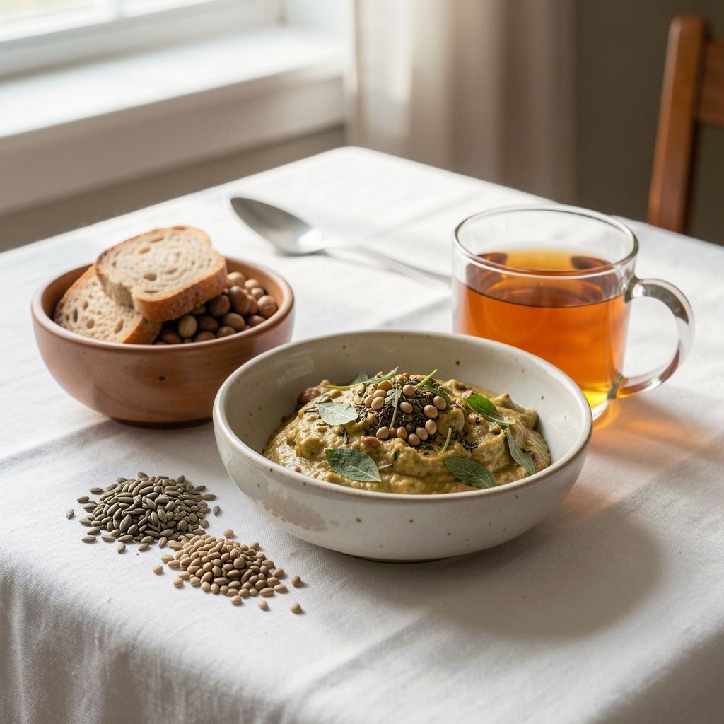 Light evening meal of herbal tea and a small bowl of mixed seeds arranged neatly on a white linen tablecloth under soft kitchen lighting