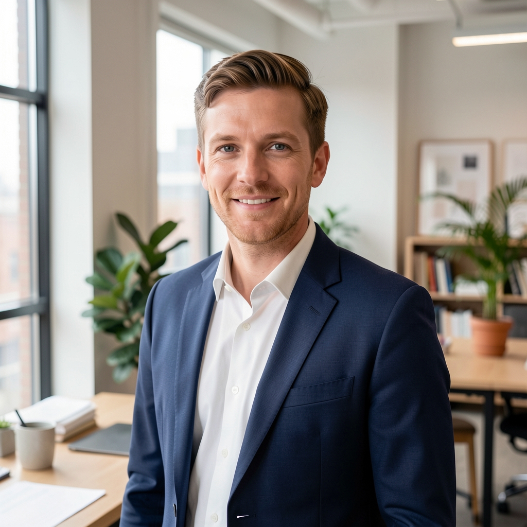 Tobias Ashcroft, contributing editor at Talopen Letters, photographed in a light-filled editorial office