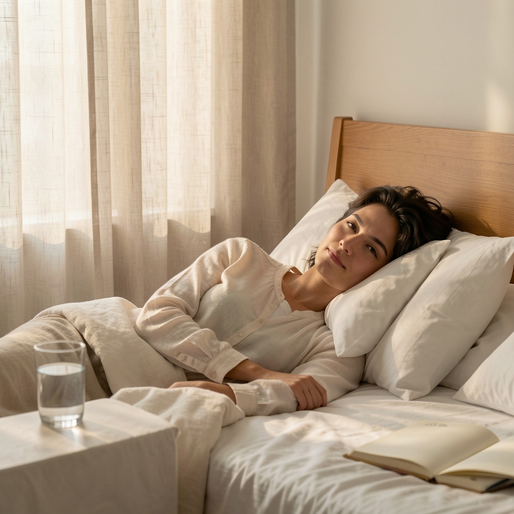 Person resting in a calm bedroom with soft morning light filtering through linen curtains, a glass of water and open notebook on the bedside table